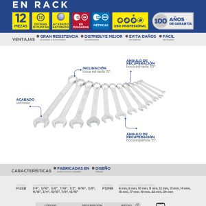 Juego de llaves combinadas satinadas métricas, 12 puntas, 12 piezas en rack Surtek