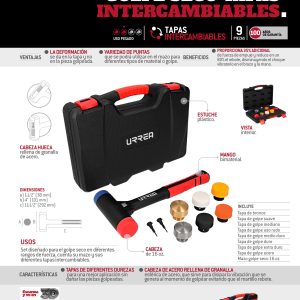 Juego de mazo de golpe seco con mango Rubber grip tapas intercambiables 16 oz, 9 piezas Urrea