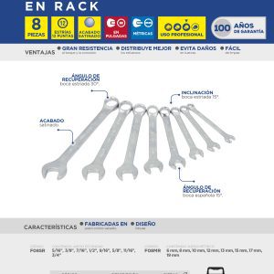 Juego de llaves combinadas satinadas métricas, 12 puntas, 8 piezas en rack Surtek