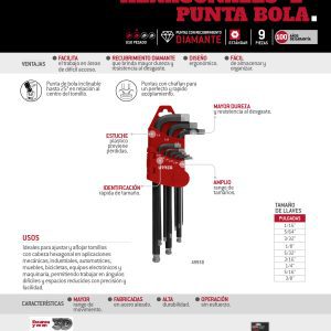 Juego de llaves hexagonales tipo "L" punta de bola diamante, combinadas, 9 piezas Urrea