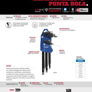 Juego de llaves hexagonales tipo "L" punta de bola diamante, combinadas, 9 piezas Urrea