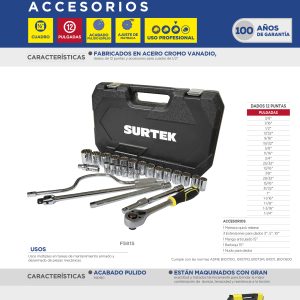 Juego de dados y accesorios cuadro de 1/2" en pulgadas, 27 piezas Surtek