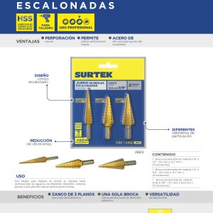 Juego de brocas escalonadas con doble estría de alta velocidad zanco 3 planos, 3 piezas Surtek