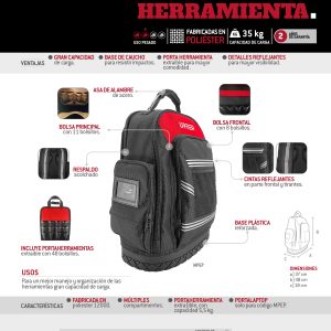 Mochila portaherramientas de poliéster extraíble 17"x13"x10", c/asa alambre y portalaptop Urrea