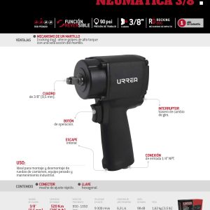 Pistola de impacto neumática cuadro de 3/8" 385 Ft-lb sistema rocking dog Urrea