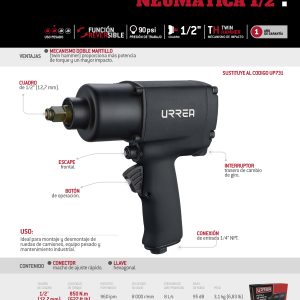 Pistola de impacto neumática cuadro de 1/2" 710 Ft-lb composite sistema twin hammer Urrea