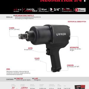 Pistola de impacto neumática cuadro de 3/4" 885 Ft-lb sistema twin hammer Urrea