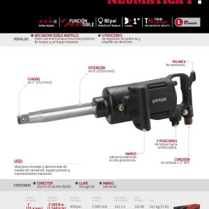 Pistola de impacto neumática cuadro de 1" 1,535 Ft-lb con extensión 9" sistema twin hammer Urrea