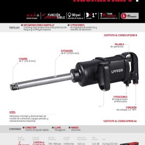 Pistola de impacto neumática cuadro de 1" 1,660 Ft-lb con extensión 9" sistema twin hammer Urrea