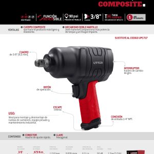 Pistola de impacto neumática cuadro de 3/8" 350 Ft-lb composite sistema twin hammer Urrea