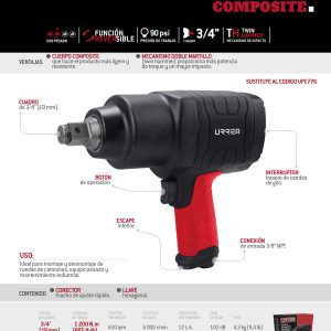Pistola de impacto neumática cuadro de 3/4" 885 Ft-lb composite sistema twin hammer Urrea