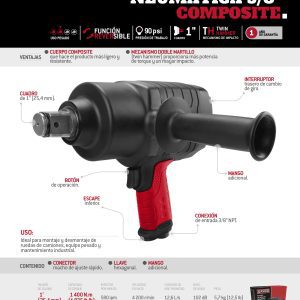 Pistola de impacto neumática cuadro de 1" 1,035 Ft-lb composite sistema twin hammer Urrea