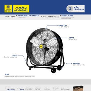 Ventilador de tambor 2 velocidades, 24" Surtek