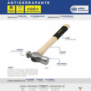 Martillo pulido de bola con mango de madera con grip de 18", 48 oz Surtek
