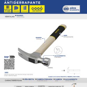 Martillo de uña recta pulido con mango de madera, 20 oz Surtek