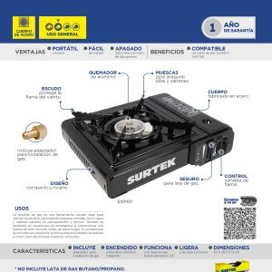 Estufa portátil de gas, con encendido electrónico para lata válvula 1/4 de vuelta Surtek