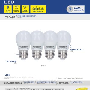 Paquete de 4 lámparas de LED tipo bulbo A19, 11 W luz de día Surtek