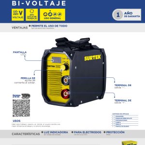 Soldadora inverter para electrodos de 1 fase bi voltaje 110 - 220 V, 120 A Surtek