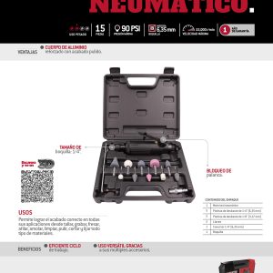 Juego de moto-tool neumático recto con accesorios, 15 piezas Urrea