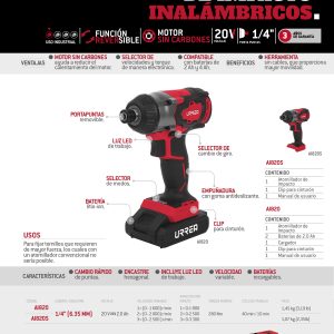 Atornillador de impacto 1/4" a batería Litio-ion 20 V 280 Nm sin bateria Urrea
