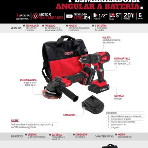 Juego de rotomartillo y esmeriladora de impacto a batería Li-ion 20 V, 2 piezas, en mochila Urrea