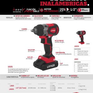 Pistola de impacto 1/2" a batería Litio-ion 20 V, 400 Nm sin batería Urrea