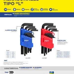 Juego de llaves hexagonales tipo "L", métricas, 10 piezas en rack Foy