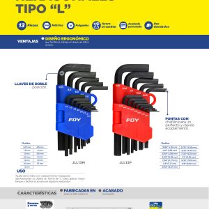 Juego de llaves hexagonales tipo "L", métricas, 13 piezas en rack Foy