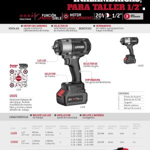 Pistola de impacto 1/2" a batería Litio-ion 20 V 900 Nm Urrea