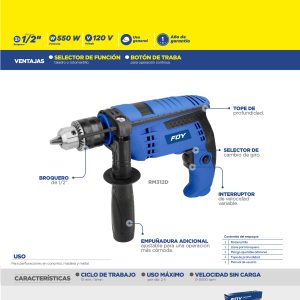 Rotomartillo 1/2" 550 W, 120 V, 0 - 3000 RPM con mango adicional ajustable Foy