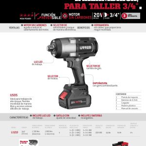Pistola de impacto 3/4" a batería Litio-ion 20 V 1300 Nm Urrea
