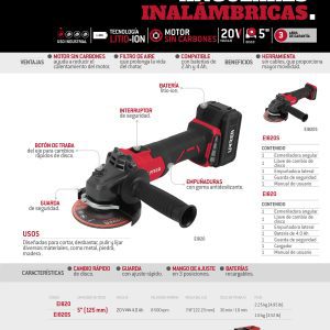 Esmeriladora angular a batería Litio-ion 5" 20 V 8500 RPM, sin batería Urrea