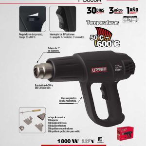 Pistola de calor 50°C a 600°C 1800 W 127 V con sensor contra sobrecalentamiento Urrea