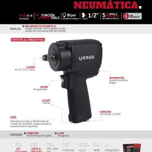 Pistola de impacto neumática cuadro de 1/2" 385 Ft-lb composite sistema twin hammer Urrea