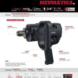 Pistola de impacto neumática cuadro de 3/4" 1,035 Ft-lb sistema twin hammer Urrea