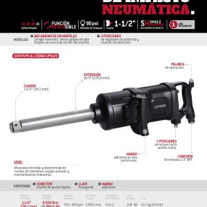 Pistola de impacto neumática cuadro de 1-1/2" 4,500 Ft-lb con extensión 9" Urrea