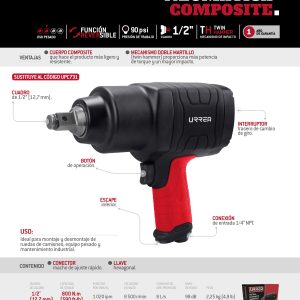 Pistola de impacto neumática cuadro de 1/2" 590 Ft-lb composite sistema twin hammer Urrea