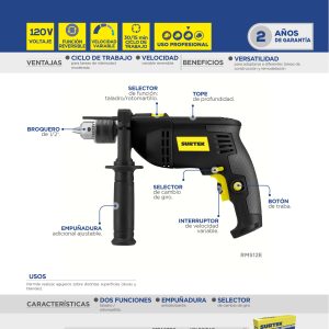 Rotomartillo 1/2" 750 W 127 V, 0 - 3,000 RPM con botón de traba para trabajos continuos Surtek