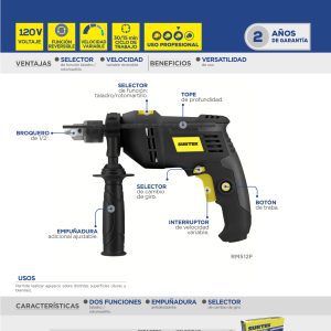 Rotomartillo 1/2" 650 W 127 V, 0 - 3,000 RPM con botón de traba para trabajos continuos Surtek