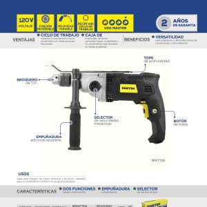 Rotomartillo 1/2" 1200 W 127 V, 0 - 3,200 RPM con botón de traba para trabajos continuos Surtek