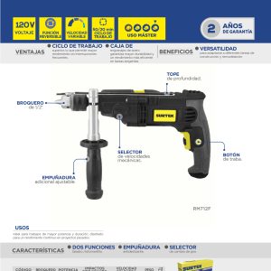 Rotomartillo 1/2" 900 W 127 V, 0 - 3,200 RPM con botón de traba para trabajos continuos Surtek