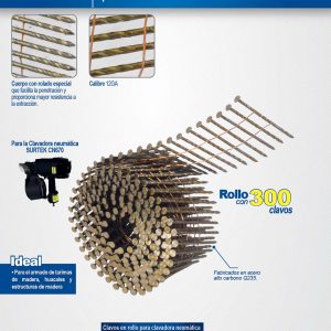 Clavos en rollo de 300 para clavadora neumática calibre 12, 2" Surtek