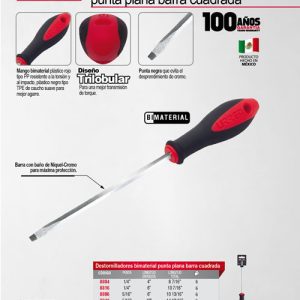 Destornillador con mango bimaterial, punta plana barra cuadrada 3/8" x 10" Urrea