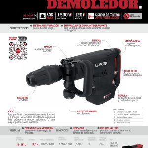 Martillo demoledor con control antivibración, SDS Max 1500W, 120V, 18J, 1000 - 1900 IPM Urrea