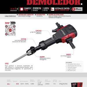 Martillo demoledor con control antivibración, zanco hexagonal 2000W, 120V, 62J, 1000 IPM Urrea