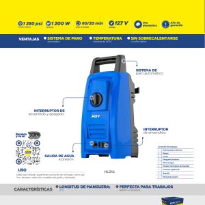 Hidrolavadora eléctrica 1200 W 127 V 1350 PSI, 5.5 Lt por minuto Foy