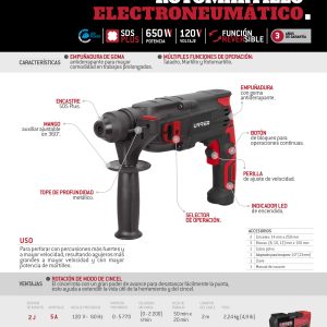 Rotomartillo electroneumático SDS Plus 600 W, 120 V, 2J, 0-2200 RPM Urrea