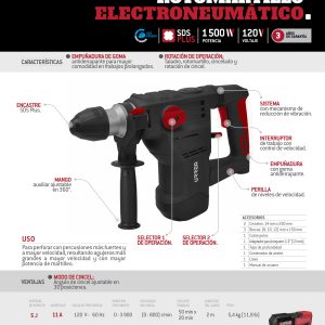 Rotomartillo electroneumático SDS Plus 1320 W, 120 V, 5J, 0-800 RPM Urrea
