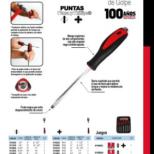 Juego de destornilladores con mango bimaterial de golpe, punta Phillips, 7pz en estuche Urrea