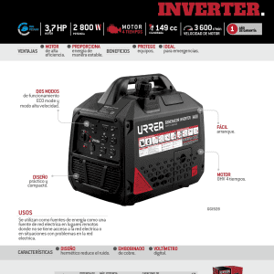 Generador a gasolina inverter 2800 W, 149 cc, voltaje de salida 120 V Urrea